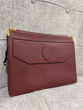 Must de Cartier Maroon vintage Leather portfolio Clutch, 24k Gold Corner Trim